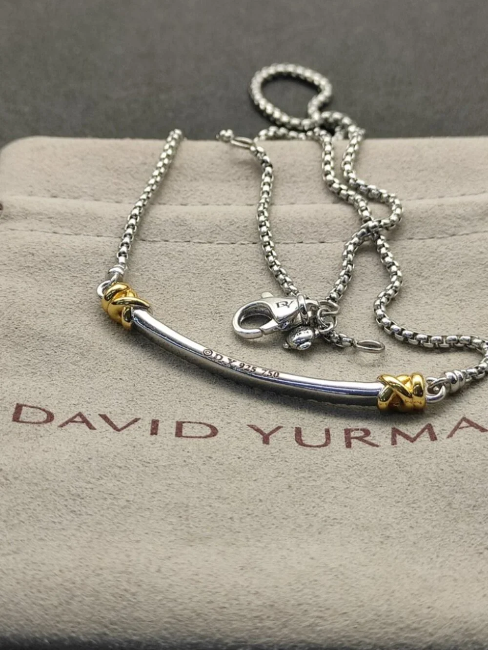 David Yurman Two-Tone Diamond Curved Bar Necklace in Silver and Gold